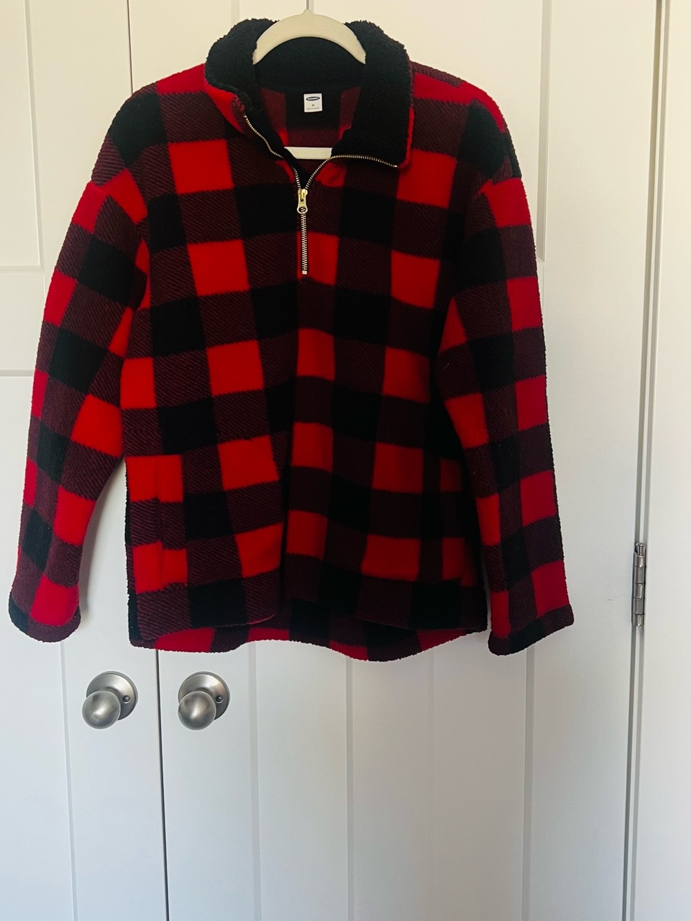 Old Navy Red and Black Buffalo Plaid Sherpa Half-Zip Pullover